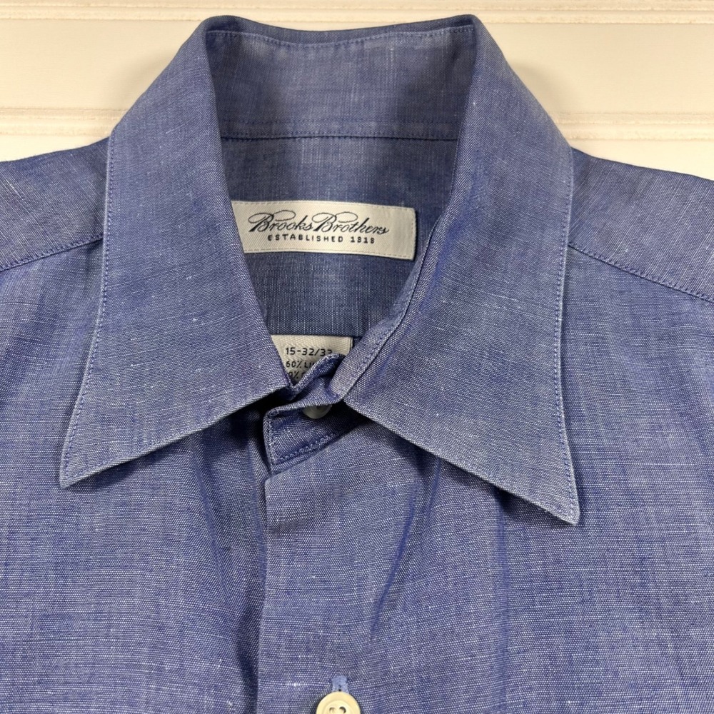 Brooks Brothers Linen Cotton Button Down Shirt Mens 15 32/33 Blue Chambray 1818